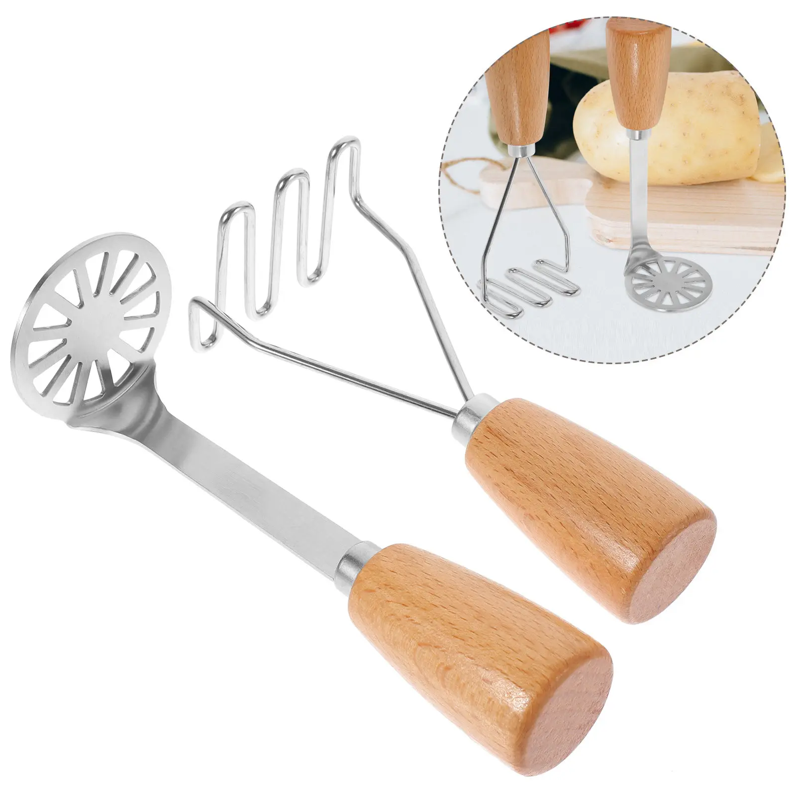 

2Pcs Stainless Steel Potato Masher Wooden Handle Manual Kitchen Tool Baby Food Masher Vegetable Fruit Crusher Kitchen Supplies