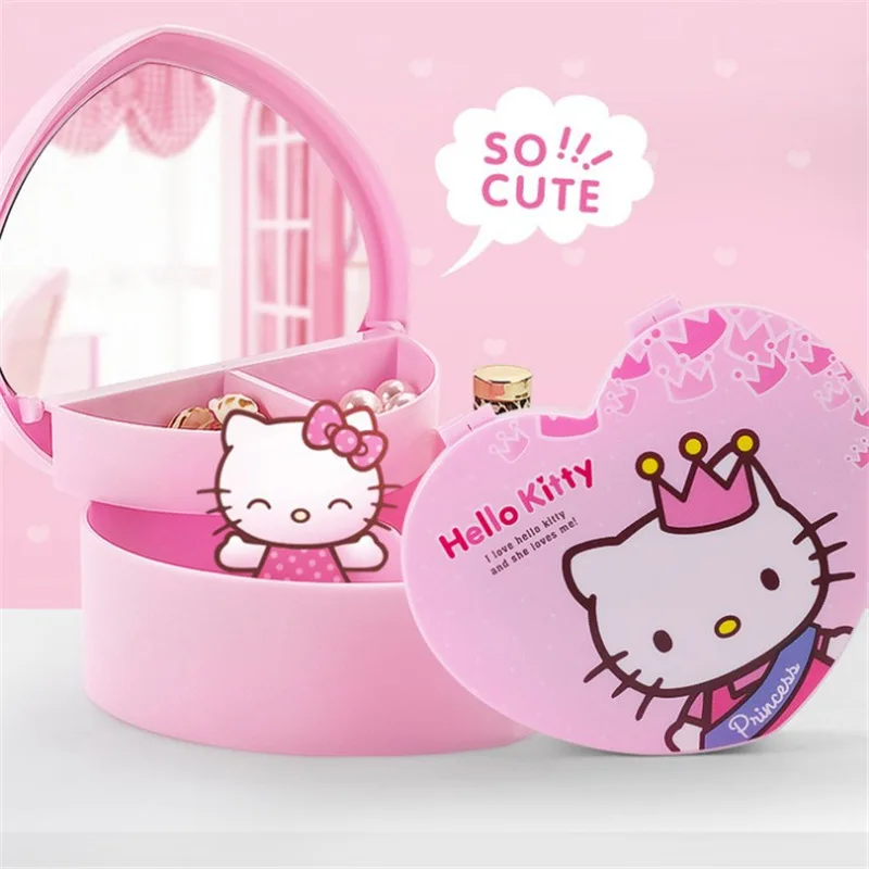 Cute Sanrio Hello Kitty Cartoon Love Shape Jewelry Organizer Double Layered Folding Storage Box with Cosmetic Mirror Girls Gift