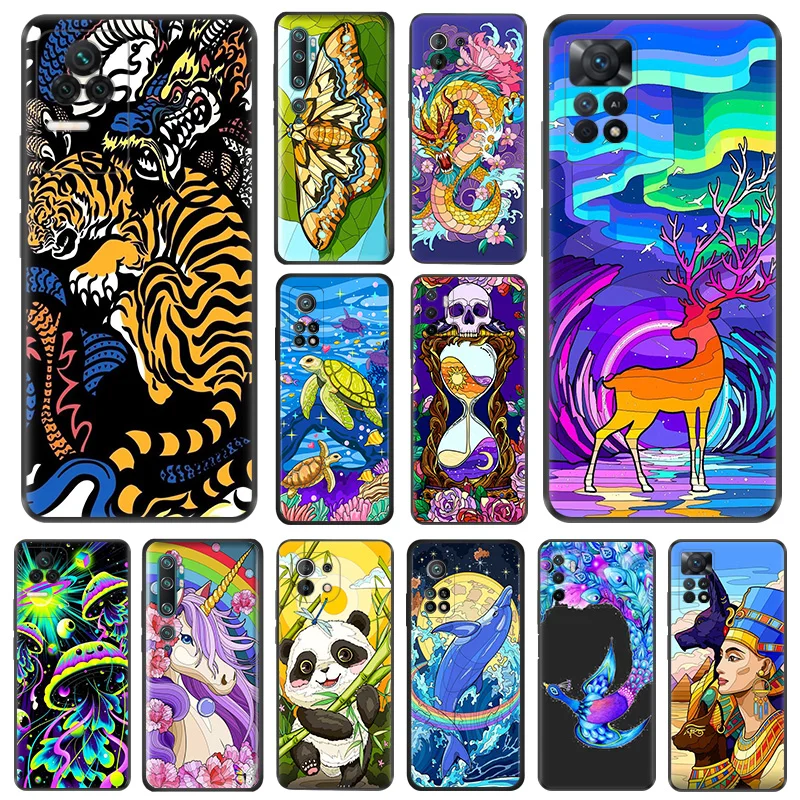 Matte Phone Case For Redmi Note 11 Pro 10 11s 10a 10c Xiaomi 11t 10t Note10 Abstract Hourglass Phoenix Dragon Black Soft Cover