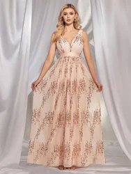 Lucyinlove-vestido de noche Beige con lentejuelas para mujer, traje de chifón de lujo con cuello en V, ideal para boda, fiesta, graduación, cóctel, dama de honor