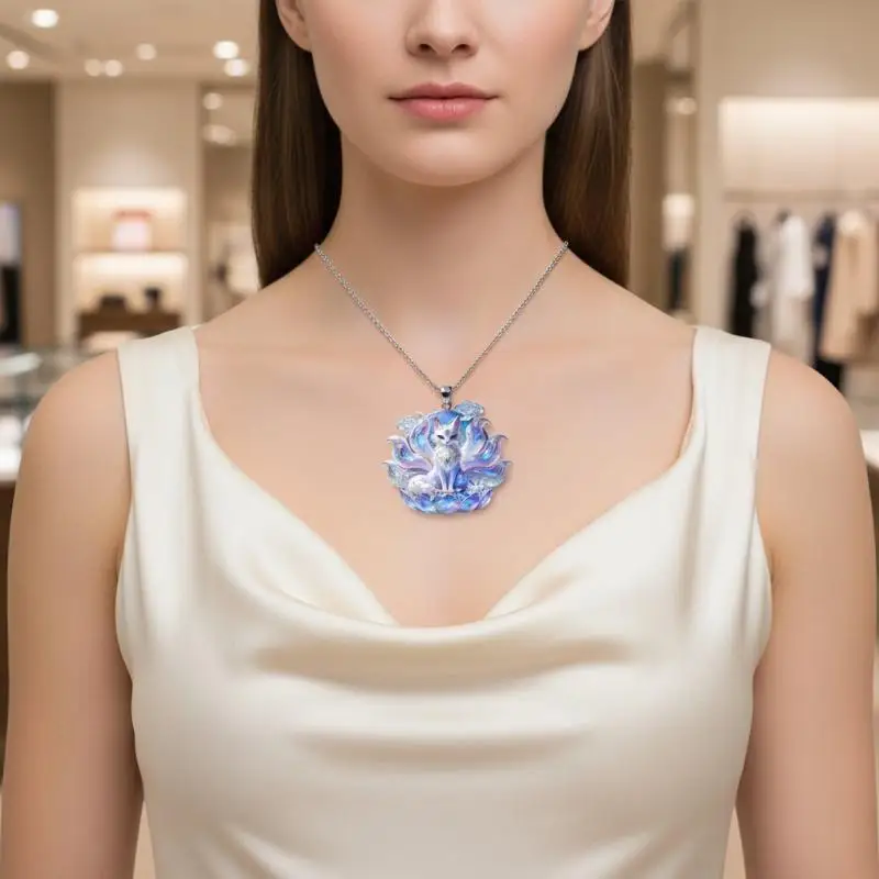 Fairy Style Chinese Mythology Nine Tailed Fox Enamel Pendant Necklace Cute Jewelry for Women Cosplay Daily Wear