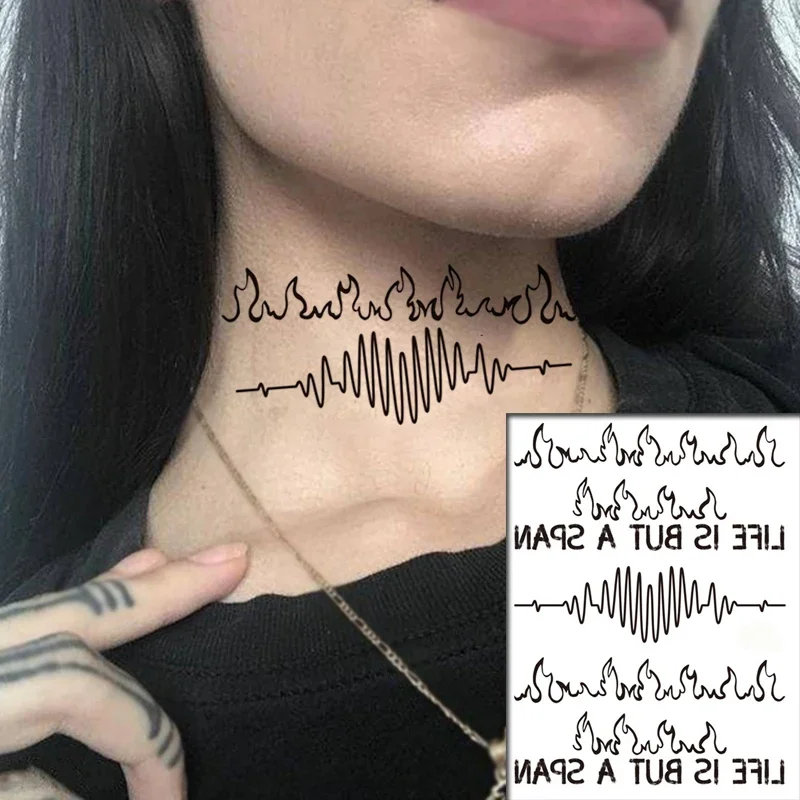 

Tattoo Stickers Black Flame Heart Beat LIFE IS A SPAN Letters Waterproof Temporary Fake Tatto Flash Body Art for Man Woman Kids