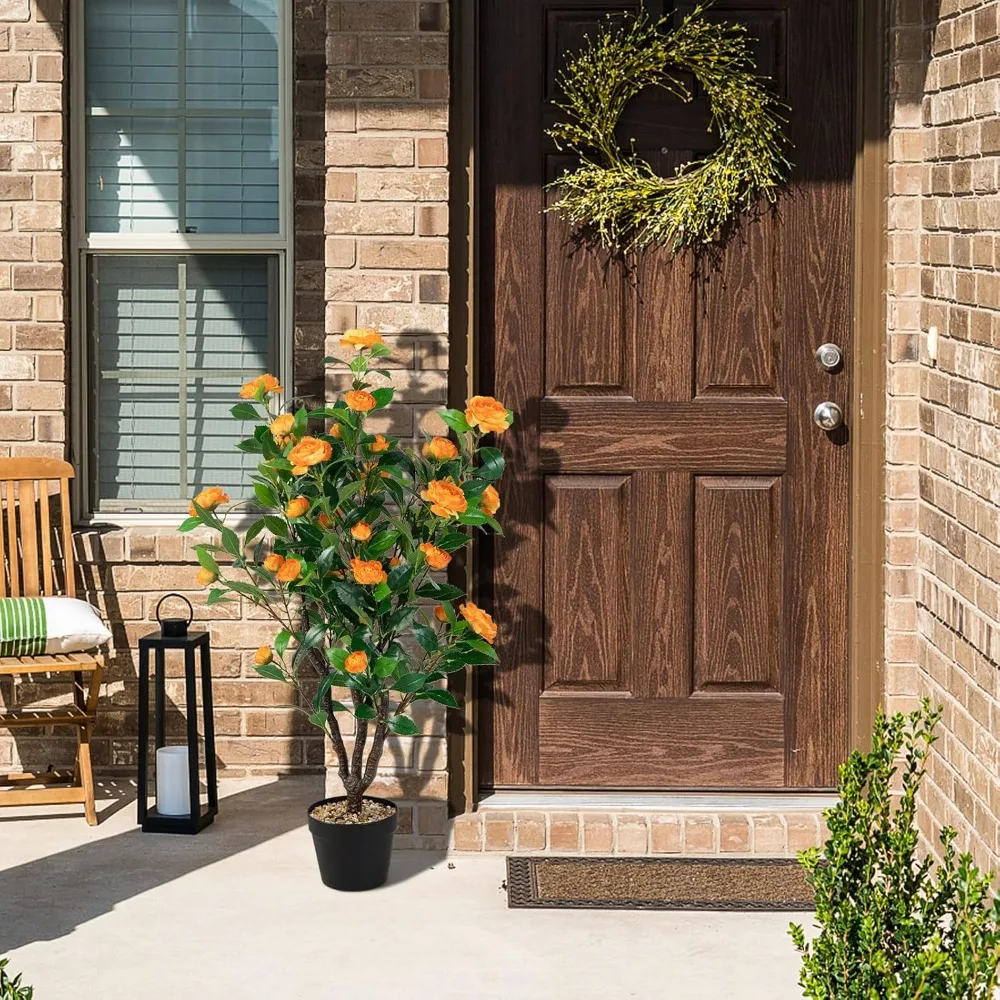 

40” Artificial Camellia Tree, 2 Pack Flower Plants Artificial Tree, Faux Floral Plant Blooming Tree in Cement Pot.