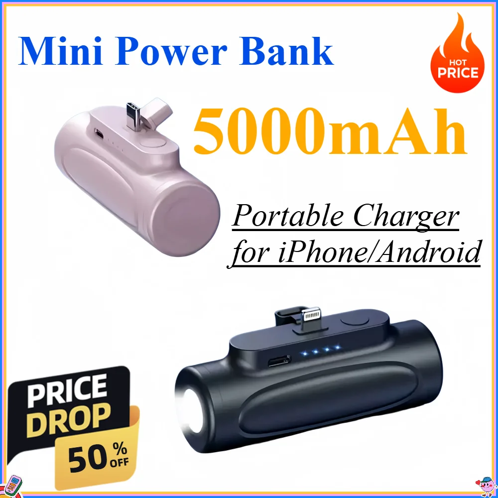 

Mini Power Bank 5000mAh - Portable Charger for iPhone17 16 15 14 13 Pro Max & Samsung/Xiaomi - External Battery PowerBank