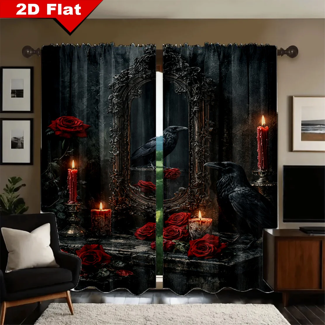 2D Flat - 2pcs Gothic Crow Mirror Red Rose Candle Curtain Set for Halloween Dark Aesthetic Home Decor Blackout Drape