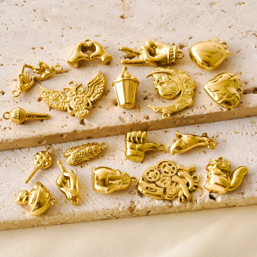 5Pcs 316 Stainless Steel 3D Gold Plated Pendant Skull Insect Heart Gesture Pendant Squirrel Owl Mushroom Elf Charms DIY Jewelry