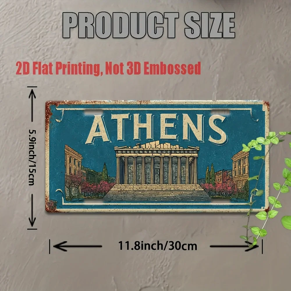 2D Flach, 1 Stk. Vintage Athen Metall Nummernschild Schild, Vintage Reise Wandkunst, Athen Parthenon Design Heim Wanddekoration