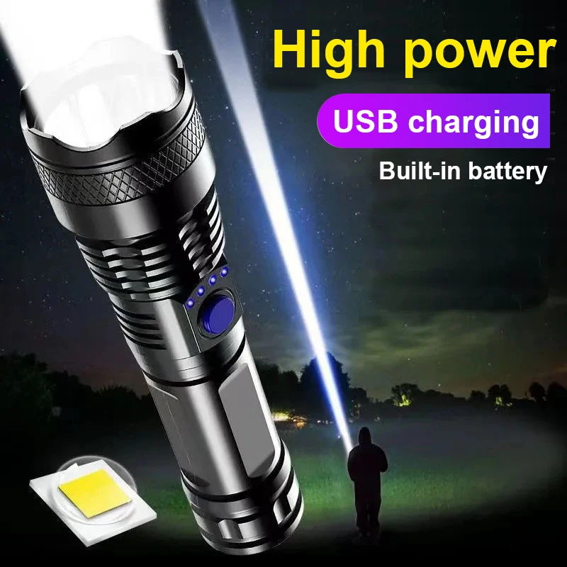 5000 Lumen Rechargeable LED Flashlight Powerful Torch Light USB High Power Flashlight Built-in battery Outdoor Camping Hand Lamp