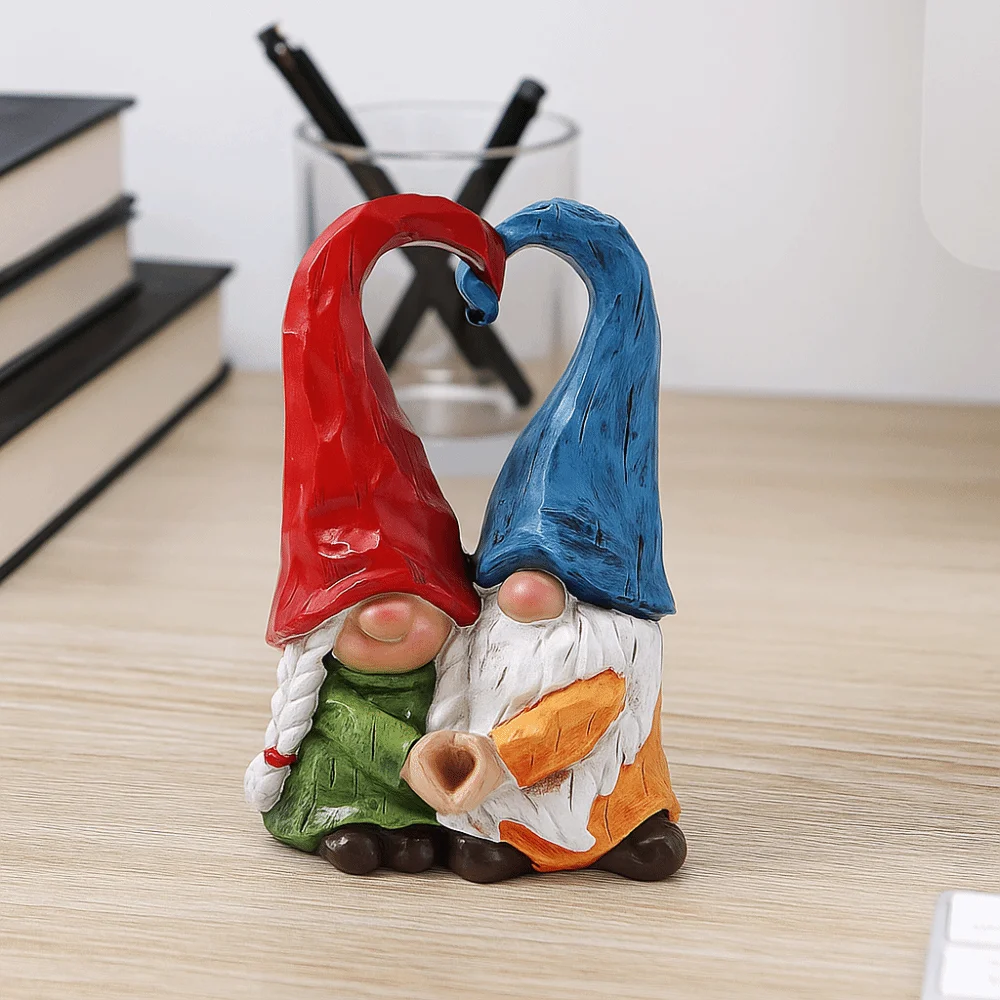 Estatua de adornos enanos de pareja de resina, estatuilla enana de calabaza coleccionable, figuras en forma de corazón de espíritu enano hecho a mano de dulce amor