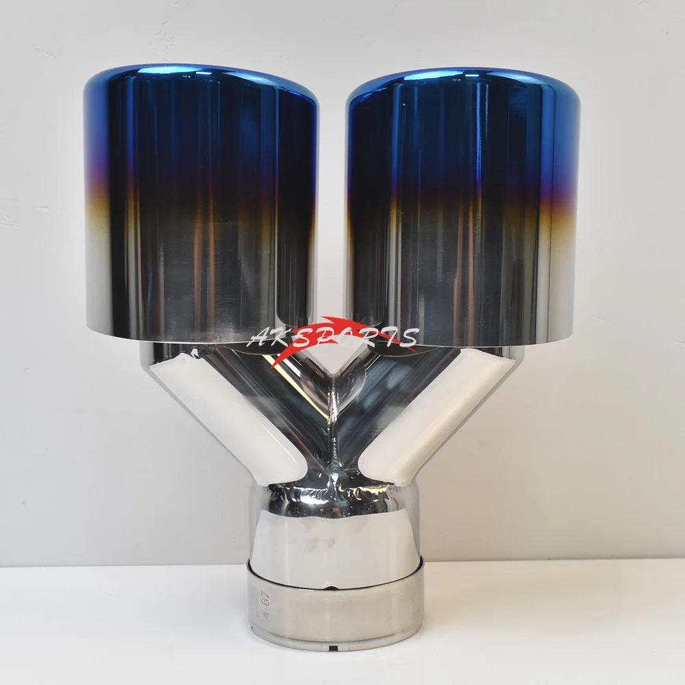 Universal Dual Exhaust Pipe Set Flat Edge Double Shiny Stainless Steel Blue Car Muffler Tips for Enhanced Vehicle Sound
