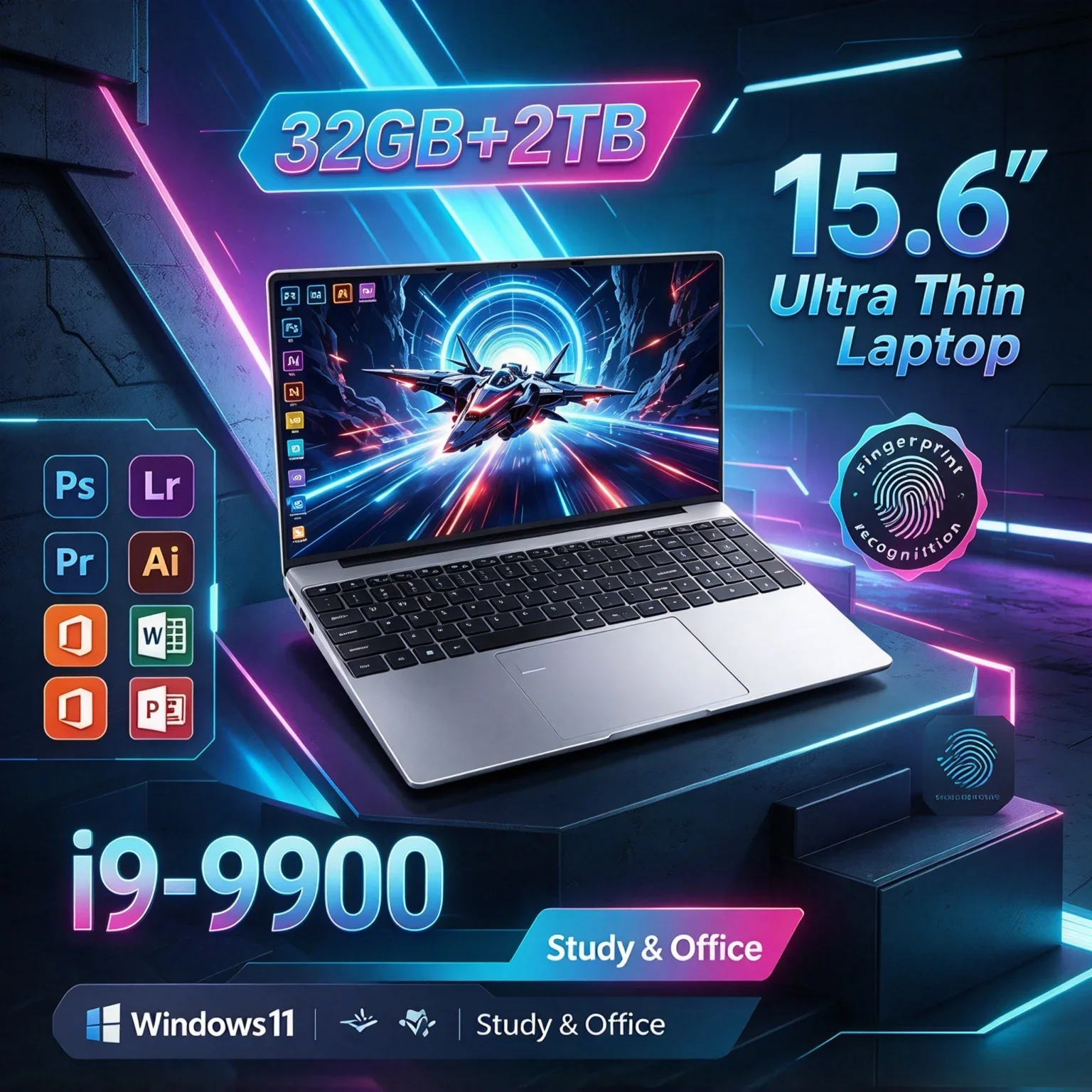 Lightweight 15.6 Inch Gaming Notebook PC Intel I9-9900 32GB RAM 1TB/2TB SSD Windows11 Fingerprint Unlock Portable Office Laptop