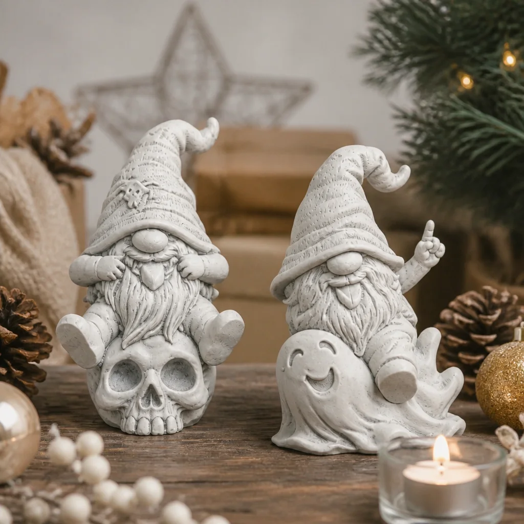 Halloween 2 Pack Gnome Figurines, Resin Skull Ghost Gnome Statue, Cute Spooky Gonk Desktop Decor for Haunted House Party Decorat