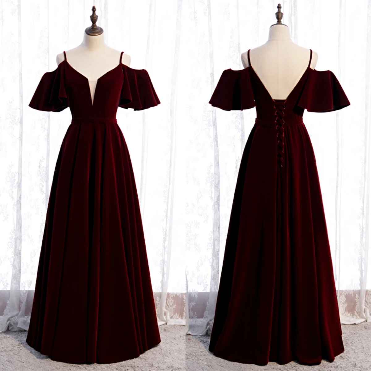 Evening Dress Wine Red Velvet Spaghetti Strap Ruffles Short Sleeves Lace up A-Line Floor-Length Party Formal Gown Woman B1208