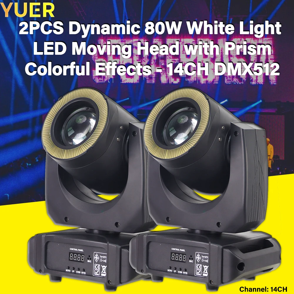 Dual Pack: 80W White LED Moving Heads x2, Stage Lighting, Prism, Rainbow Effect, 7 Colors + White, Patterns + Shake, 14CH DMX512