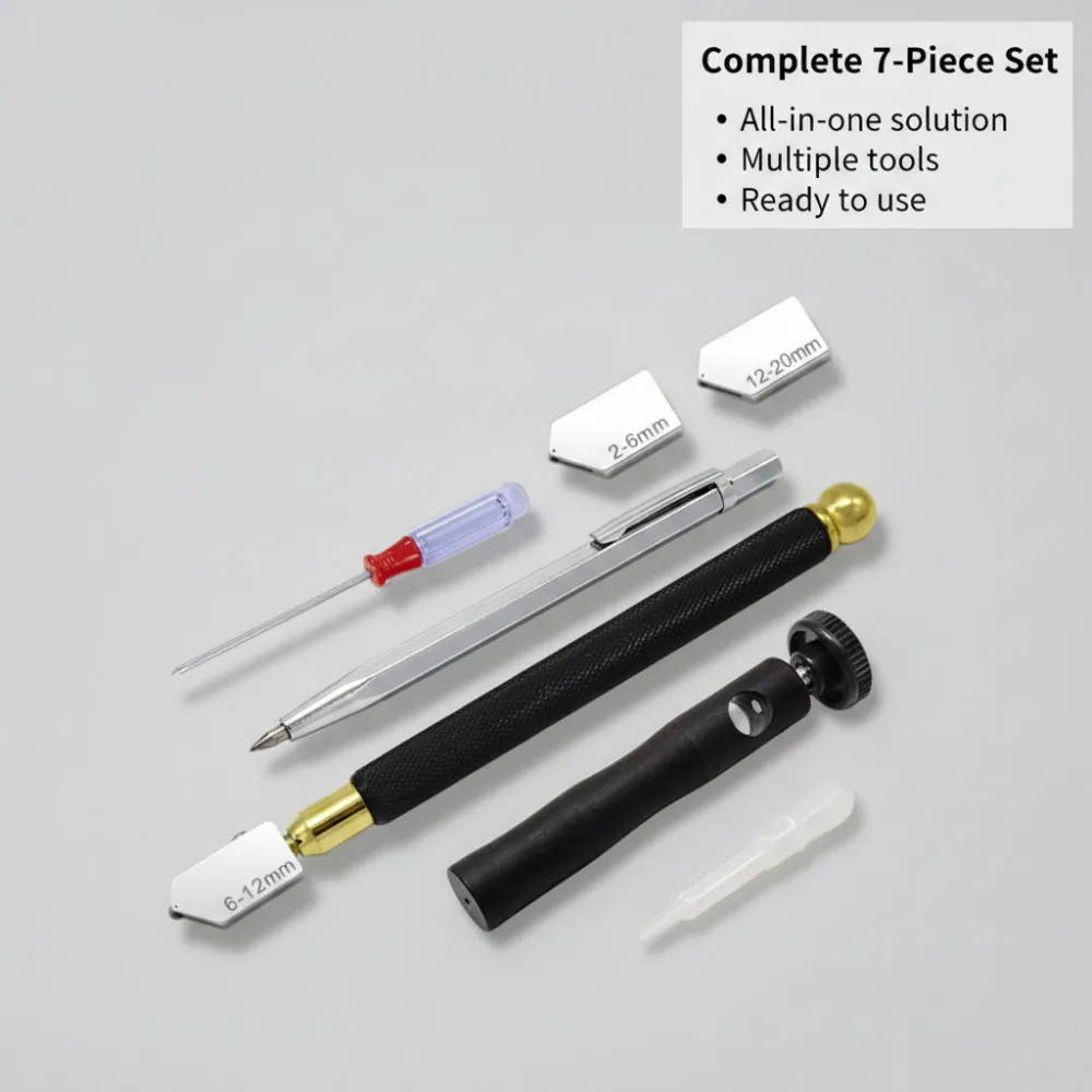 7Pcs/Set Glass Cutter Set Oil-filled Glass Cutting Diamond Glass Professional Tile Cutting Tool Suitable for 2-20mm Thick Glass