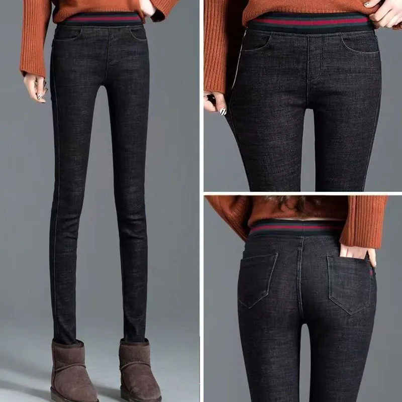 Winter Warm Skinny Vintage Pencil Jeans Women Elastic High Waist Velvet Lined Denim Pants Thicken Stretch Snow Wear Vaqueros New