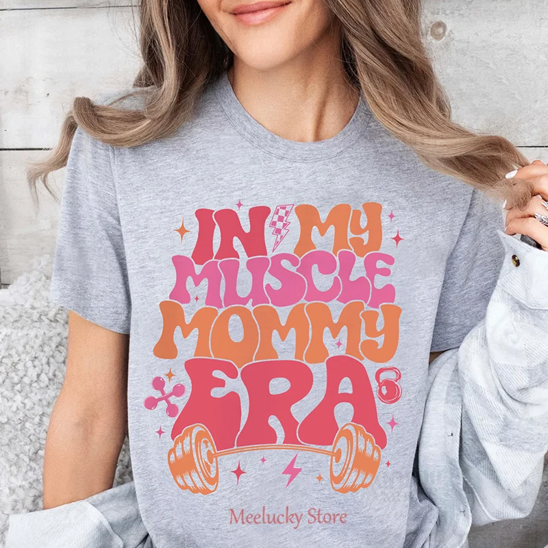 Muscle Mommy letter print pattern women's loose round neck pure cotton slim fit summer T-shirt