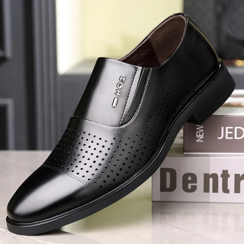 Leather Men Formal Shoes Hollow Out 2024 Men\'s Loafers Dress Moccasins Breathable Slip on Black Driving Shoes porous Shoes