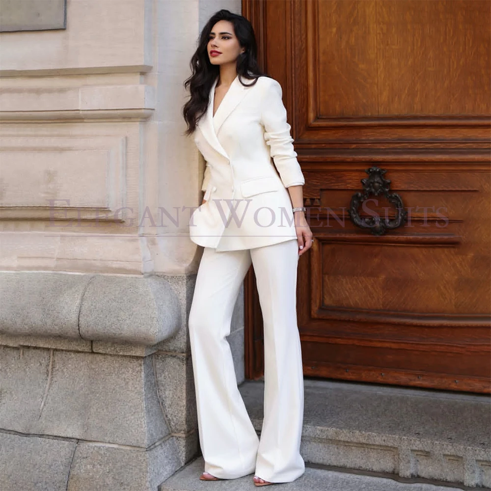 Fashion White Women's Suits 2 Piece Jacket Pants Slim Fit Office Lady Blazer Customzied Elegant Lady Clothing Outfits
