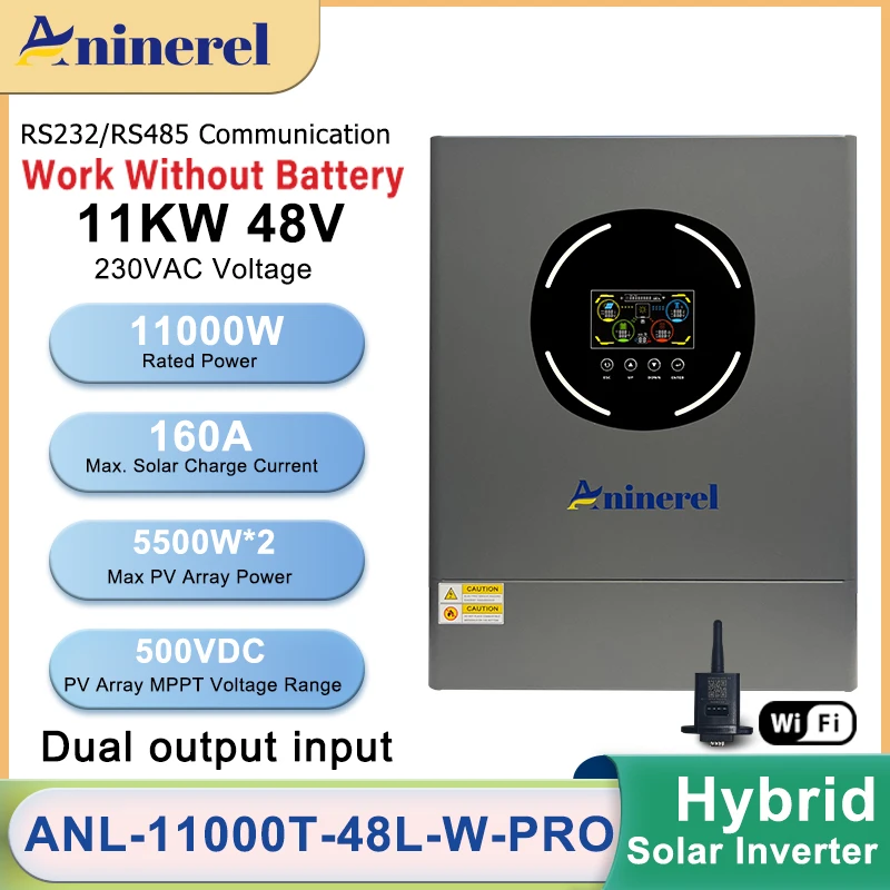 

Aninerel 11KW 48V Hybrid Solar Inverter Dual Output Dual input Solar controller Color LCD Display MPPT160A RS232/RS485 With WiFi