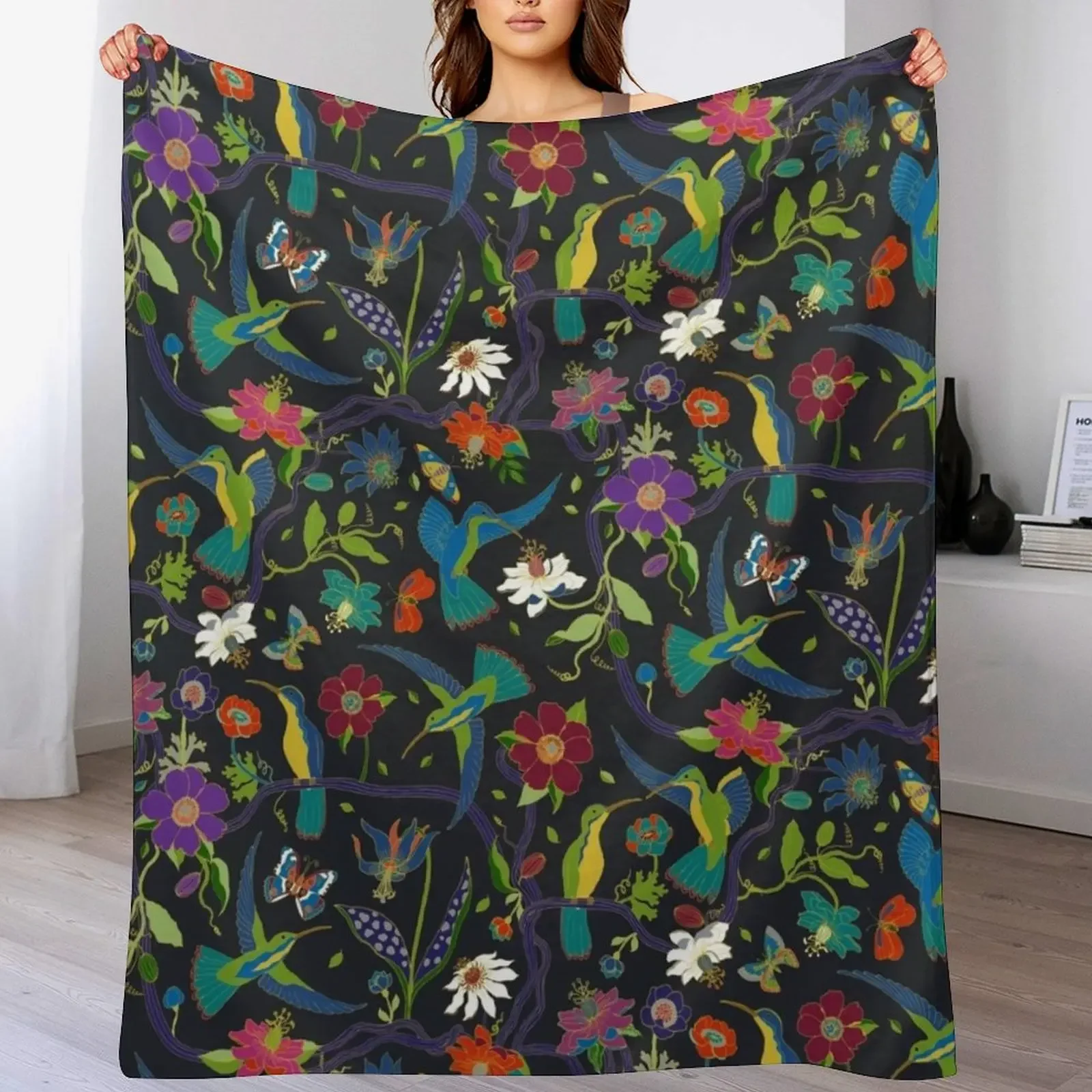 Hummingbirds and Passionflowers - Cloisonne on Black - pretty floral bird pattern by Cecca Designs Throw Blanket