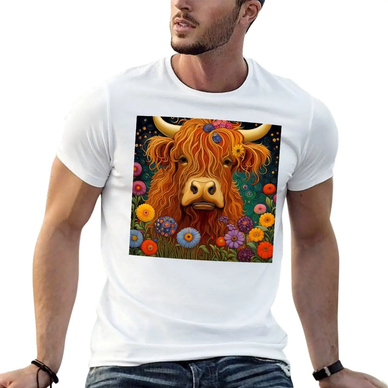 

Sweet Scottish Highland Cow Under The Stars T-Shirt men t shirt cotton 100% cotton t shirt man T-Shirt