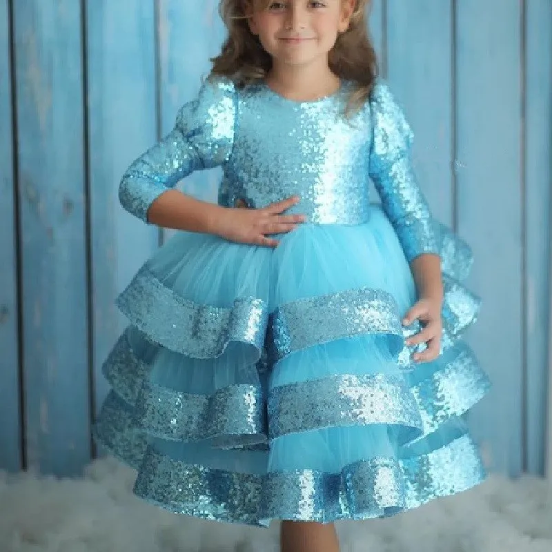 

Blue Flower Girl Dress For Wedding Puffy Tulle Shining Sequins With Bow Kids Pageant Gowns Ruffled First Communion Dress