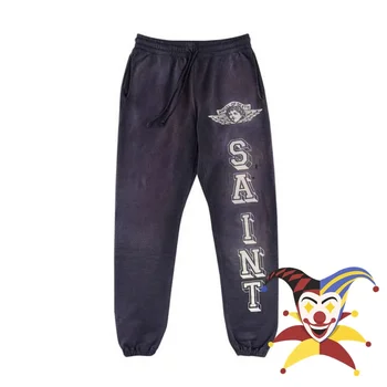 Pantalones de chándal morados lavados de Saint ANGEL para hombres y mujeres, pantalones con cordón para correr destruidos de gran tamaño