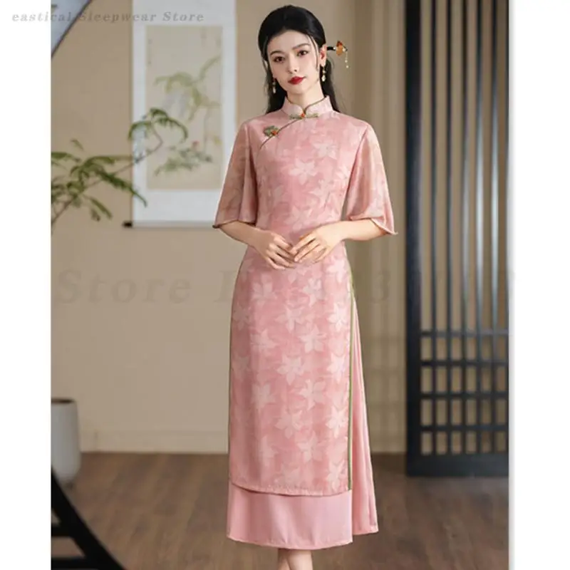 Rosa Langes Ao Dai Qipao Neues chinesisches bedrucktes Blumenkleid Traditionelles Stehkragen Cheongsam Vintage Abendpartykleid