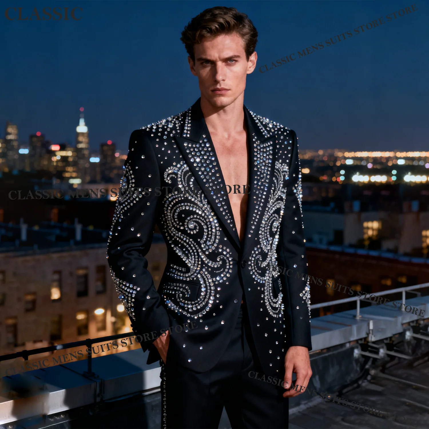 

Customized Rhinestones Crystals Men Suits Wedding Tuxedos Slim Fit Formal Fashion Ropa hombre 2 Pieces Sets Groom Male Blazers