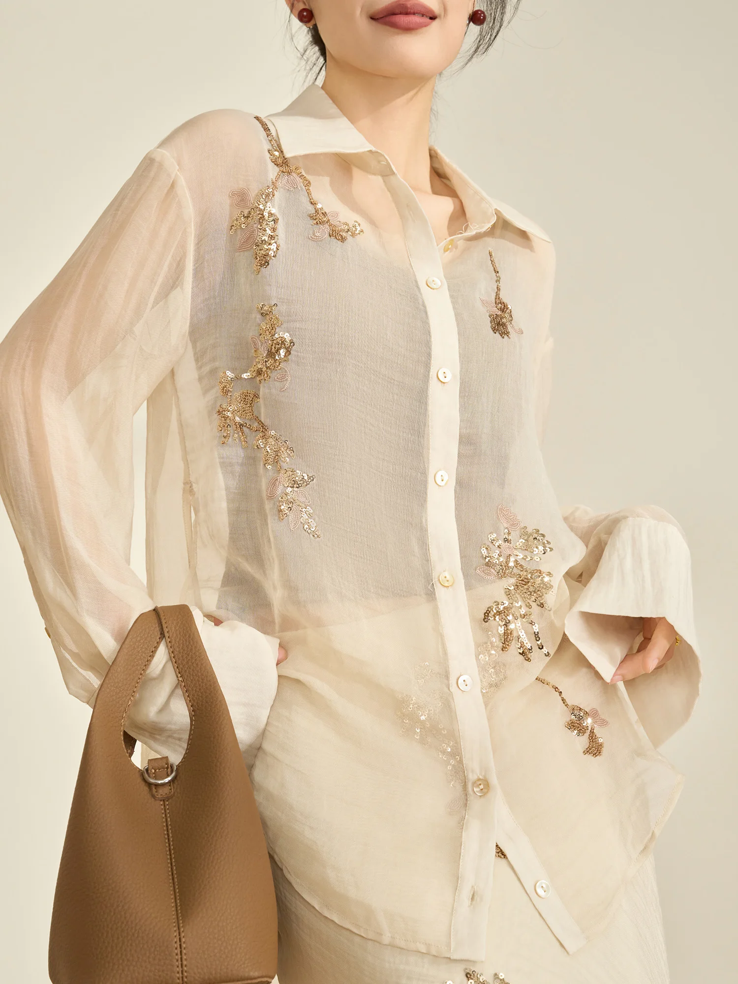 

Early Spring Heavy Embroidery Sequin Shirt And Half Skirt Set Women's Fashionable Two-Piece Suit Breathable Polyester Fiber