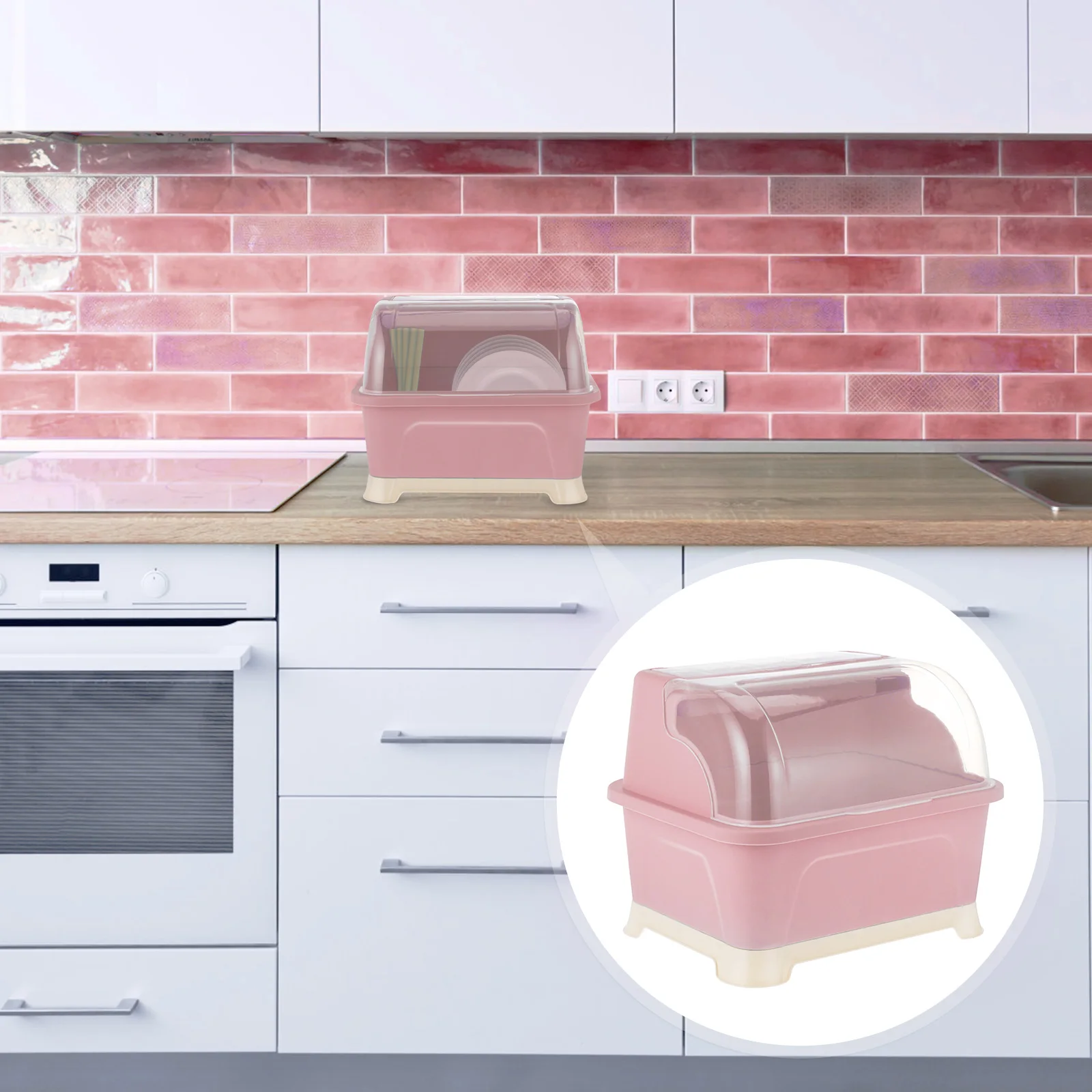 

Pink Small Size Kitchen Storage for Chopsticks Cup Spoon Bowl Fork Eco friendly PP Material Transparent Cover Water Draining