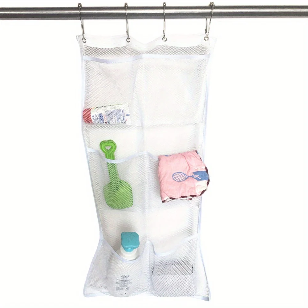 1pc White Mesh Shower Caddy Organizer   Hanging On Shower Curtain Rod For Bathroom Supplies, Save Space, Storage Bag For Toys