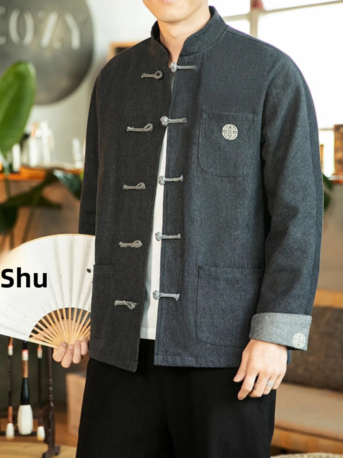

New Chinese Sle Men's Jaet Autumn Winter Cotton Linen Stand Collar Traditional Embroidery Denim Coat Loose Fit Long Sve