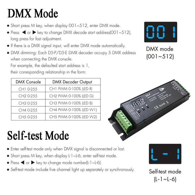 A99E-5 Channel DMX Decoder With RDM Digital Display Dimmer Driver PWM RGBCCT LED Controller LED Module Light Input 12V-48VDC