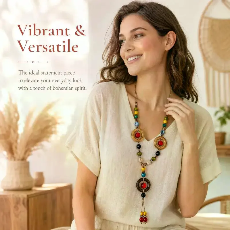 Boho Wooden Beaded Long Necklace Collar Decoration Female Jewelry Neck Accessories Ethnic Style Handmade Pendant Sweater Chain