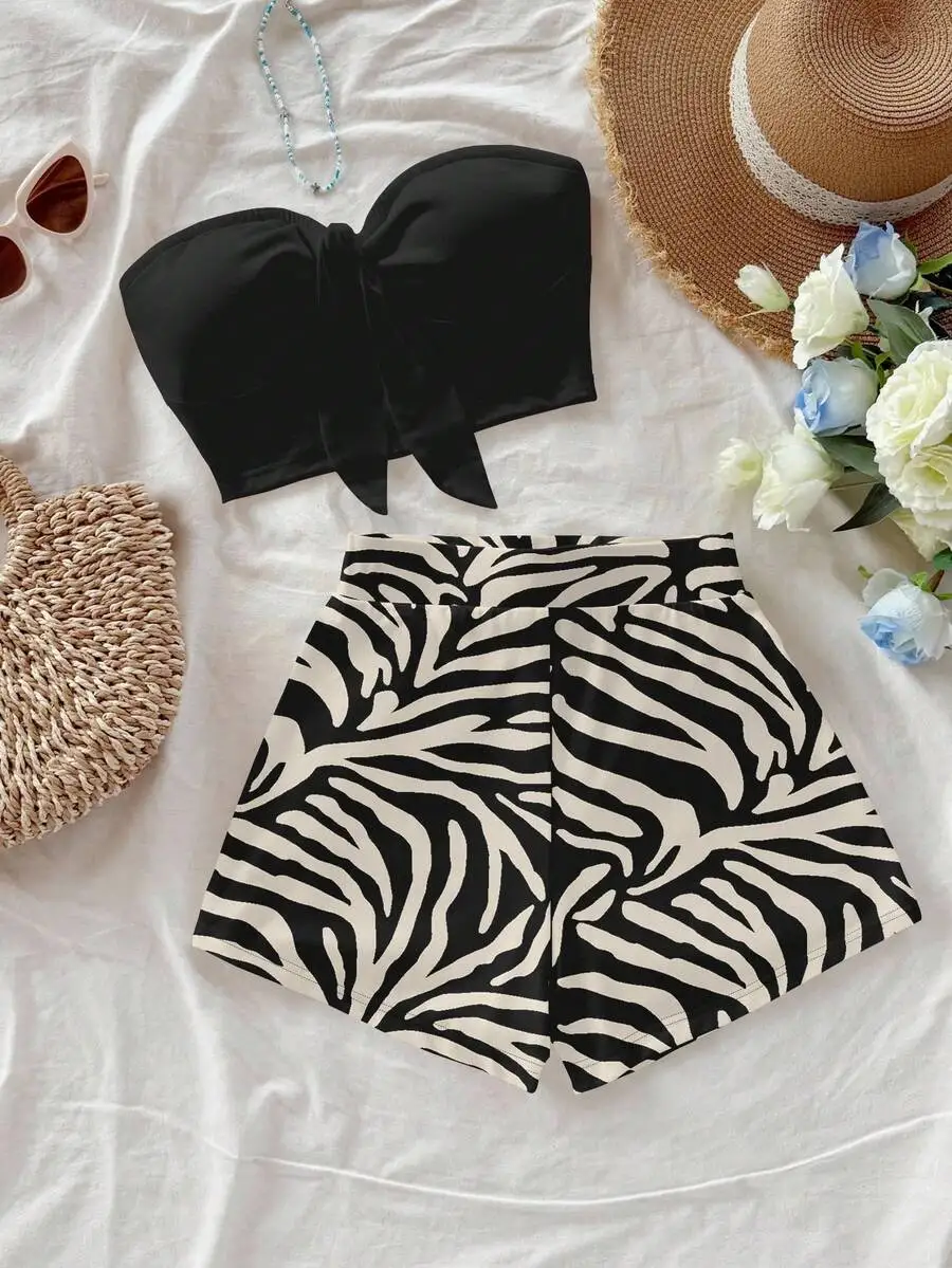Women's Zebra Print Crop Top & Shorts Set, Black Bow Front, Summer Beach Casual Outfit