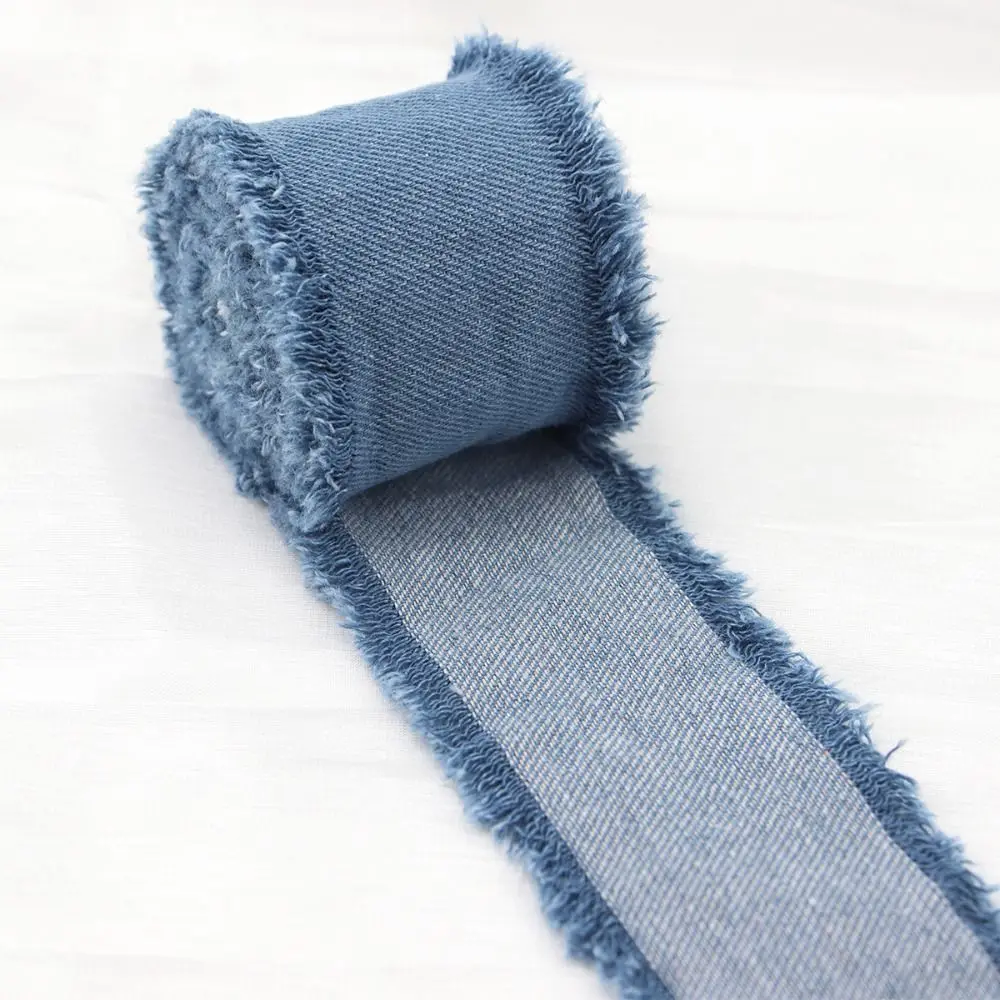 New 1.5Yards Denim Ribbon Hairclip Bows Blue Cowboy DIY Sewing Crafts Solid Color Handmade Fringe Silk Ribbon Gift Wrapping