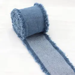 New 1.5Yards Denim Ribbon Hairclip Bows Blue Cowboy DIY Sewing Crafts Solid Color Handmade Fringe Silk Ribbon Gift Wrapping
