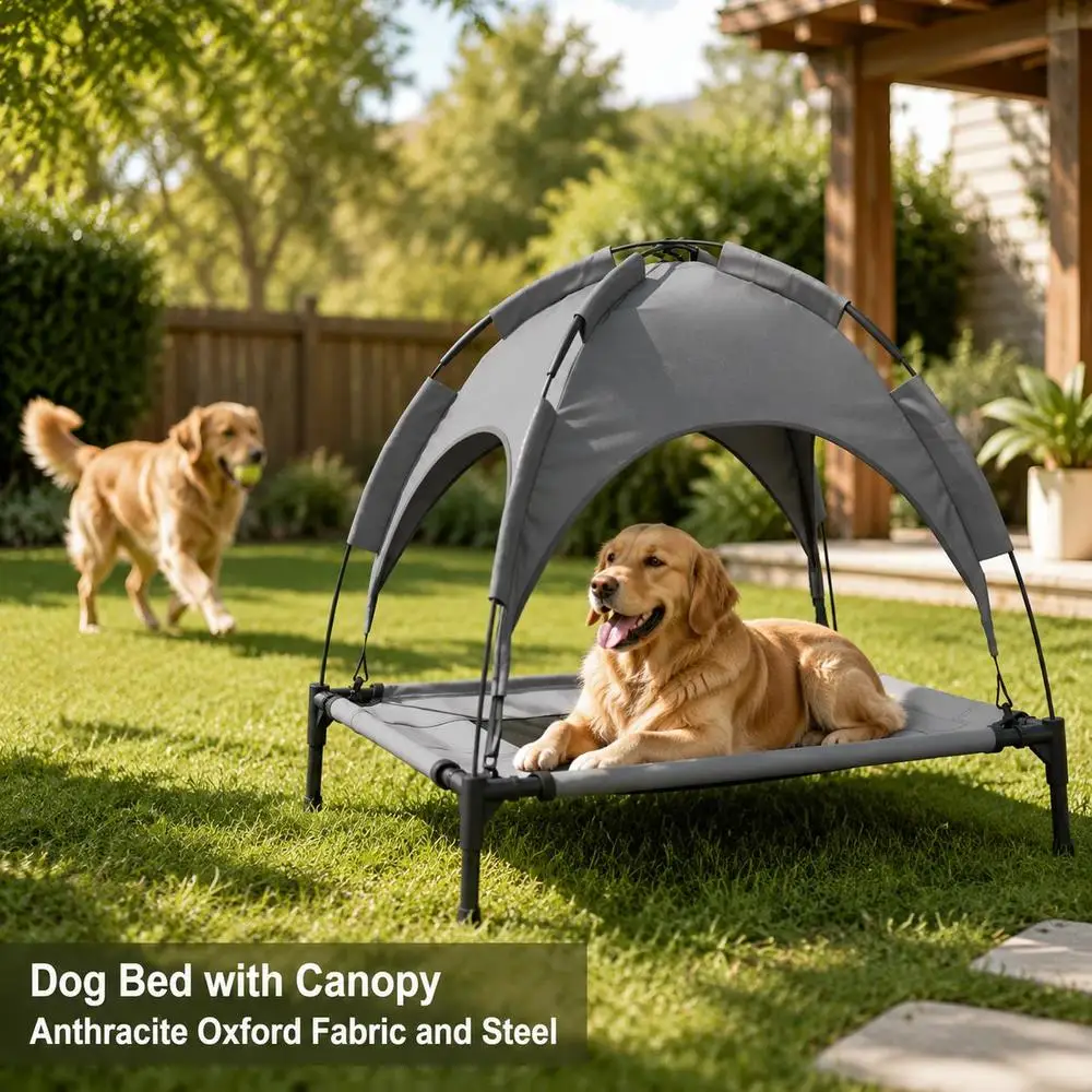 Lit pour chien avec auvent, tissu Oxford et cadre en acier, gris anthracite, structure durable pour espace de repos intérieur/extérieur pour animaux de compagnie, grande taille adaptée au salon, à la chambre, à la niche, au balcon et aux zones de repos intérieures pour animaux de compagnie.