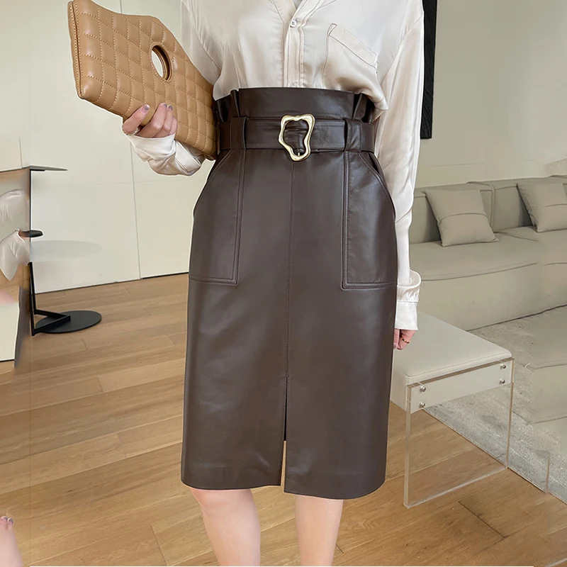 

2023 Elegant Knee Length Skirt Woman Spring Medium Long High Waist Slit and Buttock Wrap Pocket Genuine Leather Skirt Office Lad