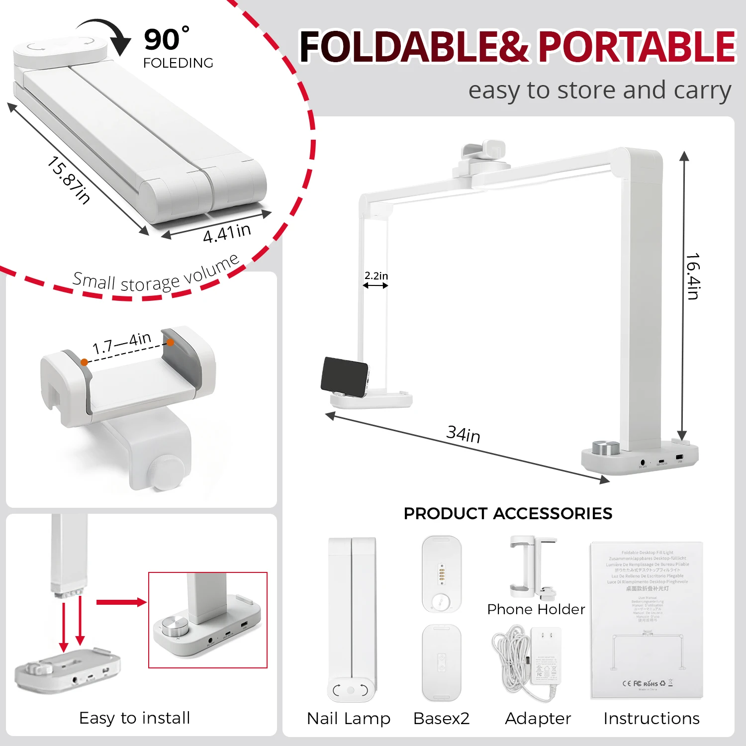 Beauty Essential Extra Large Rectangular Fill Light: 456 LEDs, with Lazy Phone Holder, 3 adjustable color temps (3000K-6000K), s