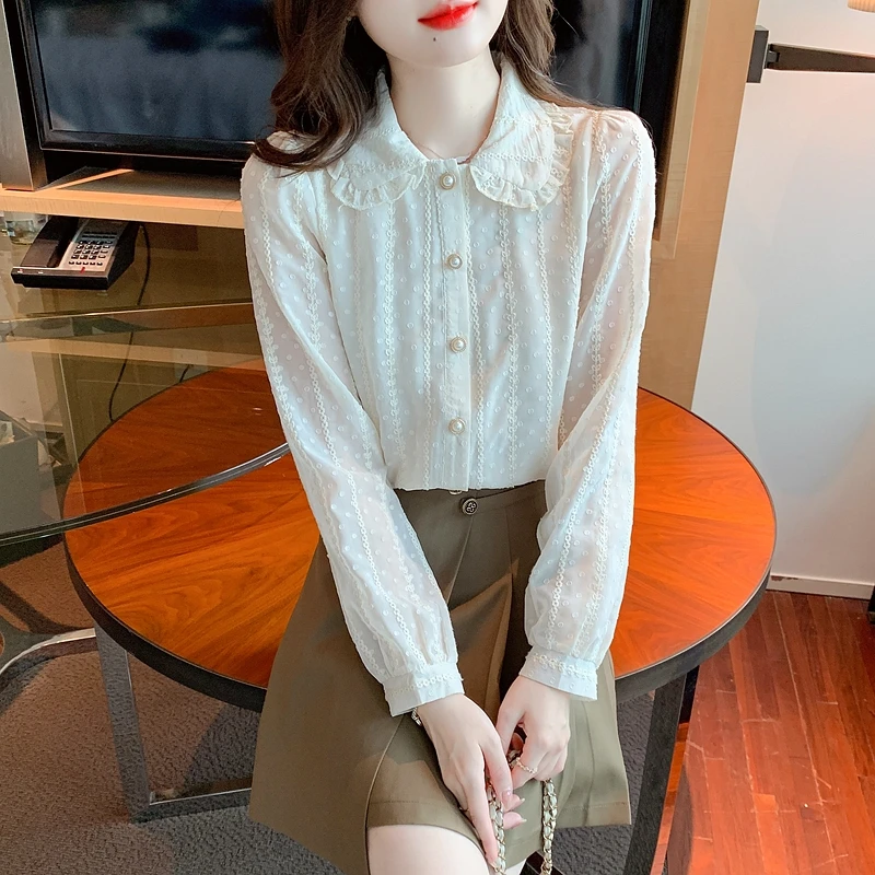 Long Sleeve Blouse Women Doll Collar Apricot Chiffon Blouse Shirt Tops Women Blusas Mujer De Moda 2024 Blouses Shirts Blusa G235