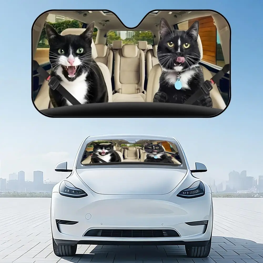 

Забавный солнцезащитный козырек с черным котом, многоразовый, из алюминиевой фольги, для лобового стекла автомобиля, защита от УФ-излучения, теплоизоляционный чехол-накидка