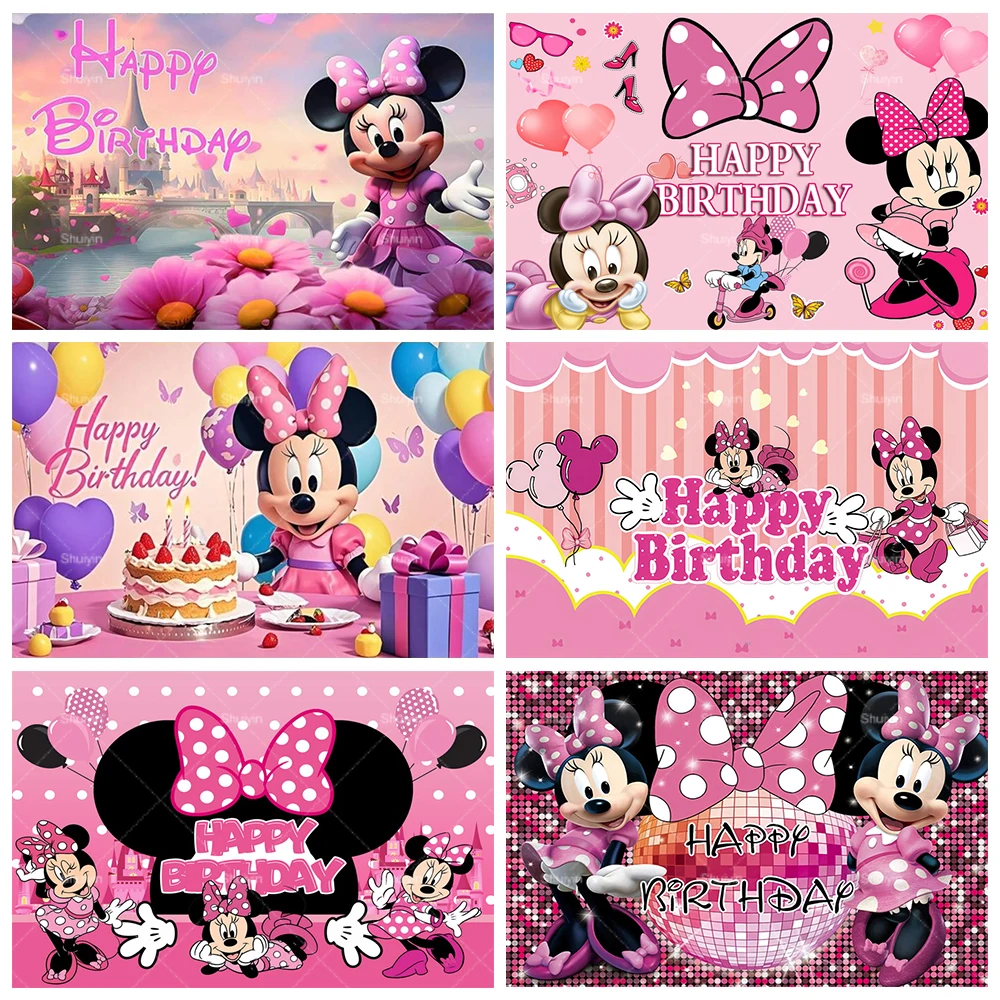 

Disney Minnie Mouse Backdrop Princess Girl Happy Birthday Party Cake Table Decor Mickey Photograhy Background Baby Shower Banner