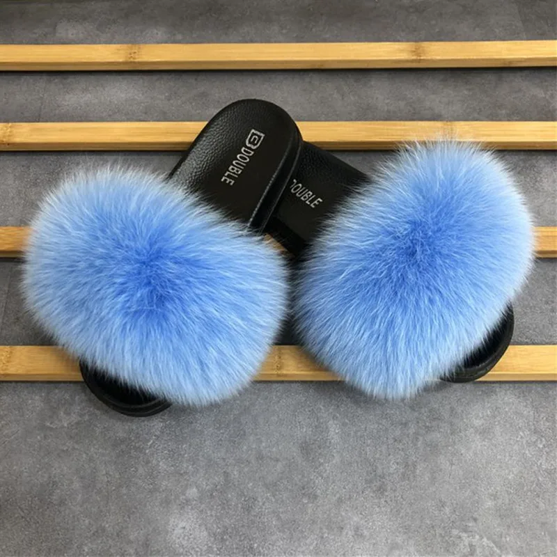 Spring and summer flat furry slippers, comfortable soft sole, non-slip, real fox fur, outdoor wear, women's trendy slippers