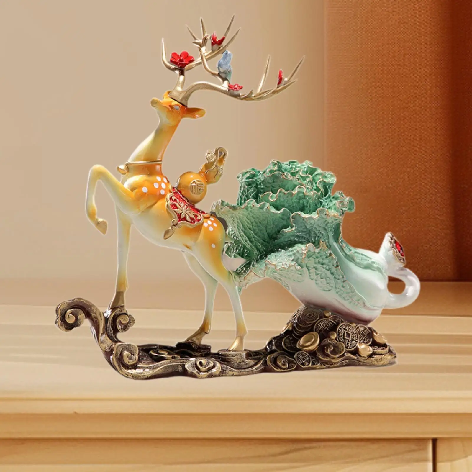 

Deer and Cabbage Statue Decorative Collection Resin Figurine Animal Sculpture for Indoor Fireplace Desktop Living Room Cabinet