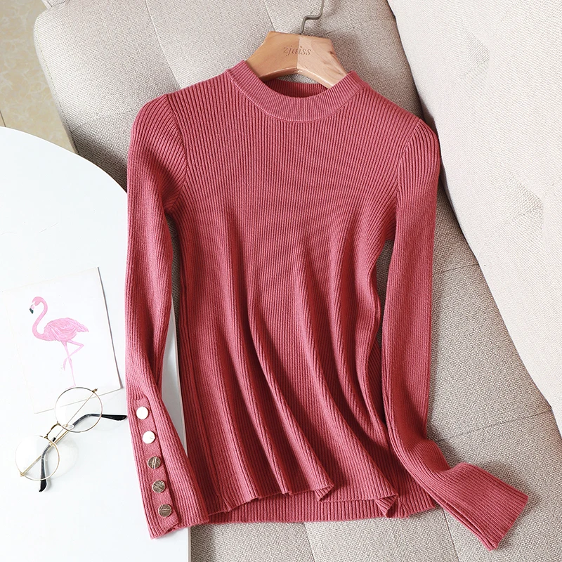 Casual Autumn Winter Women Thick Sweater Pullovers Button Long Sleeve O-neck chic Sweater Female Slim Knitted Soft Jumper Tops