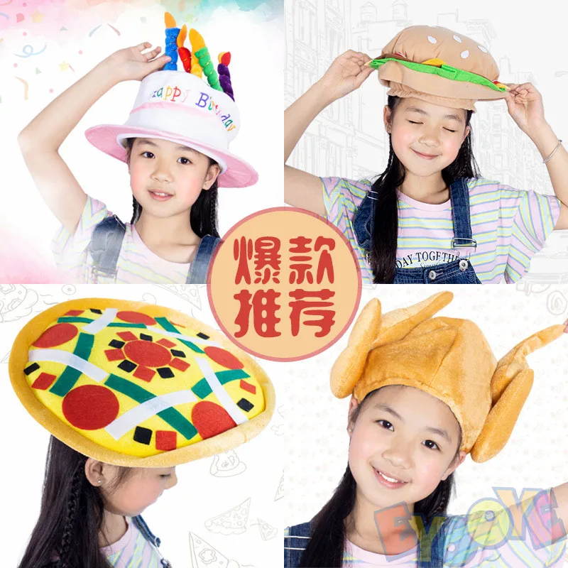 

Burger Chicken Pizza Cake Headgear Hat birthday Party Performance Cosplay Cartoon Creative Funny Stage Carnival Festival Gift