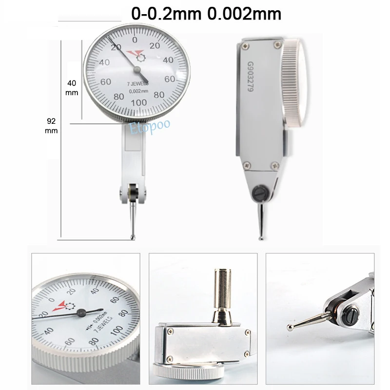 0-0.2mm 0.002mm 7 보석 Miron 다이얼 테스트 표시기 0-0.8mm 0.01mm 다이얼 표시기, 다이얼 레벨 게이지 스케일 정밀 메트릭 도베타이